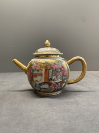 A Chinese Canton gilt-decorated famille rose 'go players' teapot, Yongzheng