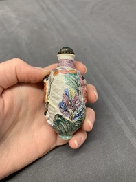 Two Chinese famille rose molded snuff bottles with figural design, Qianlong mark, 19th C.