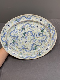 An oval Chinese Canton famille verte 'nine dragons' dish, 19th C.
