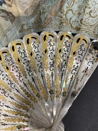 Two folding fans, watercolour on paper and mother-of-pearl, France, 19th C.