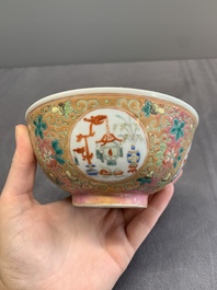 A pair of Chinese famille rose pink-ground 'antiquities' bowls, Zhengde mark, 19th C.