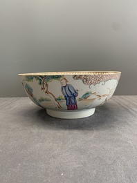 A Chinese Canton famille rose bowl with figures in a garden, Qianlong