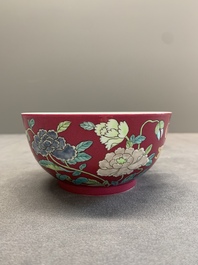 A Chinese famille rose ruby-ground 'peony' bowl, Yongzheng mark, 19/20th C.