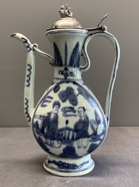 A Chinese silver-mounted blue and white ewer with figures in a landscape, Ming
