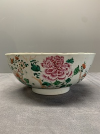 A Chinese famille rose 'pseudo-tobacco leaf' dish, a bowl and a blue and white gilt-decorated jug, Qianlong
