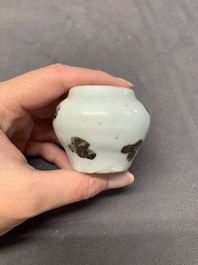 Five Chinese blue and white jarlets and three russet-splashed Longquan celadon jarlets, Yuan/Ming