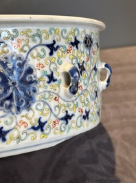 A Chinese famille verte vase mounted as lamp and a famille rose covered tureen, 19th C.