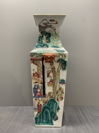 A pair of square Chinese famille rose vases with narrative design, 19th C.