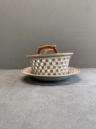 A Chinese openworked famille rose 'antiquities' basket and stand, Qianlong