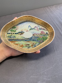 A pair of Chinese Canton famille rose gilt-decorated quadrifoil 'landscape' dishes, Jiaqing