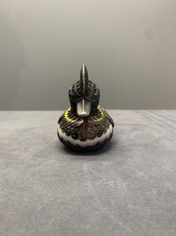 Two Chinese precious stone inset, enamelled and filigree silver mandarin duck-form boxes and covers, 19/20th C.