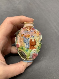 Two Chinese famille rose molded snuff bottles with figural design, Qianlong mark, 19th C.