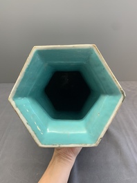 A Chinese Canton famille rose hexagonal vase with narrative design, 19th C.