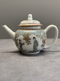 A fine Chinese famille rose and grisaille teapot with figural design, Yongzheng