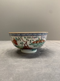 Two Dutch-decorated Chinese blue and white bowls with figures and landscapes, Qianlong