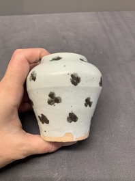 Five Chinese blue and white jarlets and three russet-splashed Longquan celadon jarlets, Yuan/Ming