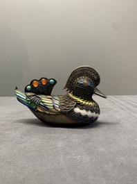 Two Chinese precious stone inset, enamelled and filigree silver mandarin duck-form boxes and covers, 19/20th C.