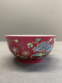 A Chinese famille rose ruby-ground 'peony' bowl, Yongzheng mark, 19/20th C.