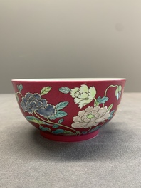 A Chinese famille rose ruby-ground 'peony' bowl, Yongzheng mark, 19/20th C.