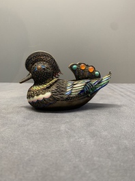 Two Chinese precious stone inset, enamelled and filigree silver mandarin duck-form boxes and covers, 19/20th C.