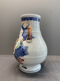 A Chinese famille rose 'hu' vase with figural design, Jiaqing mark, 19/20th C.