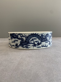A Chinese blue and white 'dragon and phoenix' brush washer, Yongzheng mark, 19th C.