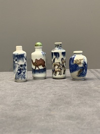 Four Chinese blue, white and copper-red snuff bottles, Yongzheng and Qianlong mark, 19th C.