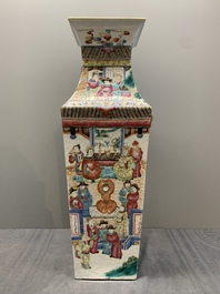 A pair of square Chinese famille rose vases with narrative design, 19th C.