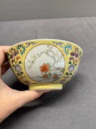 A Chinese blue, white and famille rose bowl with floral design, Qianlong mark, 19/20th C.