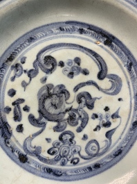 A Chinese blue and white 'phoenix' dish and two 'Buddhist lion' and 'peony' plates, Hongzhi/Zhengde