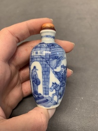 Two Chinese blue and white 'riders on horseback' snuff bottles, Yongzheng mark, 19th C.