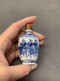 Two Chinese blue and white 'riders on horseback' snuff bottles, Yongzheng mark, 19th C.