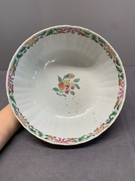 A Chinese famille rose 'pseudo-tobacco leaf' dish, a bowl and a blue and white gilt-decorated jug, Qianlong