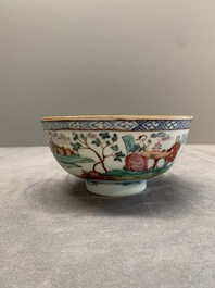 Two Dutch-decorated Chinese blue and white bowls with figures and landscapes, Qianlong