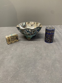 A Chinese enamelled silver bowl, a box and an opium container, 19th C.