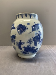 A Chinese blue and white vase with narrative design, Transitional period