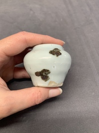 Five Chinese blue and white jarlets and three russet-splashed Longquan celadon jarlets, Yuan/Ming