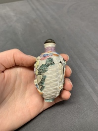 Two Chinese famille rose molded snuff bottles with figural design, Qianlong mark, 19th C.