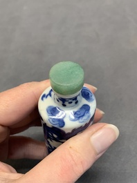 A Chinese blue and white 'dragon' snuff bottle and a polychrome 'peacock' snuff bottle, Yongzheng mark, 19/20th C.