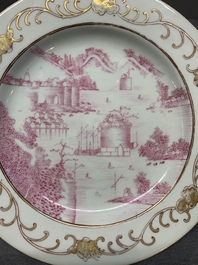 A Chinese puce-enamelled and gilt-decorated 'harbour scene' plate, Qianlong