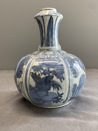 A Chinese blue and white 'kraak' porcelain 'deer and rooster' kendi, Wanli