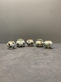 Five Chinese russet-splashed Longquan celadon jarlets, Song/Yuan