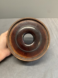 A Chinese famille rose turquoise-and-yellow-ground 'dragon' bowl on wooden stand, Qianlong mark, Republic