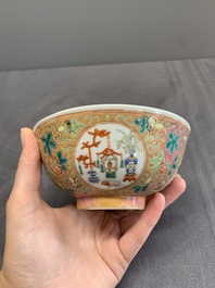 A pair of Chinese famille rose pink-ground 'antiquities' bowls, Zhengde mark, 19th C.