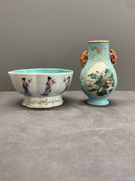 A Chinese famille rose turquoise-ground 'hu' vase and a 'ladies' bowl, Qianlong mark, Republic