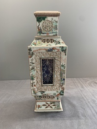 An extremely rare Chinese blue, white and famille verte openworked double-walled vase with figural design, 19th C.