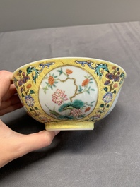 A Chinese blue, white and famille rose bowl with floral design, Qianlong mark, 19/20th C.