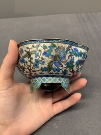 A Chinese enamelled silver bowl, a box and an opium container, 19th C.