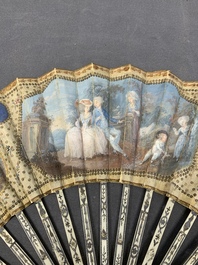 Three folding fans, water colour on paper and bone, France, 18th C.