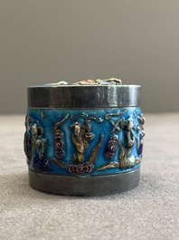 A Chinese enamelled silver incense burner, a covered opium box, a square box and a cloisonn&eacute; covered box, 19/20th C.